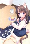  1girl :t ahoge animal_ear_fluff animal_ears bangs blue_bow blue_skirt blush bobby_socks bow brown_hair cat_ears cat_girl cat_tail closed_mouth commentary_request cup extra_ears eyebrows_visible_through_hair food fork hair_between_eyes holding holding_fork indoors kotatsu long_hair long_sleeves looking_at_viewer looking_to_the_side mug no_shoes original piyodera_mucha plate pleated_skirt sailor_collar school_uniform serafuku shirt sitting skirt sleeves_past_wrists socks soles solo table tail violet_eyes wariza white_legwear white_sailor_collar white_shirt work_in_progress 