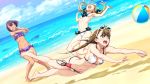  3girls ball barefoot beach_volleyball beachball bikini black_ribbon blonde_hair blue_sky breasts brown_hair cleavage closed_eyes clouds daitoku_junna eyewear_on_head floating_hair frilled_bikini frills fukuda_tomonori full_body game_cg green_eyes hair_ribbon highres koujiro_frau long_hair multiple_girls navel ocean official_art open_mouth outstretched_arms panties purple_bikini ribbon robotics;notes short_hair side-tie_panties sideboob sky small_breasts standing sunglasses swimsuit tennouji_nae twintails underwear white-framed_eyewear white_bikini 