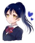  1girl bangs blazer blue_hair blush bow bowtie closed_mouth commentary_request eyebrows_visible_through_hair hair_between_eyes heart highres jacket long_hair long_sleeves looking_at_viewer love_live! love_live!_school_idol_project otonokizaka_school_uniform ponytail portrait red_neckwear school_uniform simple_background smile solo sonoda_umi striped striped_neckwear white_background yellow_eyes 