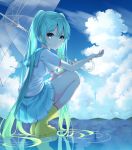 1girl aqua_eyes aqua_hair aqua_neckwear aqua_skirt blush boots closed_mouth clouds cloudy_sky day from_side full_body hatsune_miku holding holding_umbrella inhoya2000 light_smile long_hair looking_at_viewer looking_to_the_side miniskirt mountainous_horizon outdoors outstretched_hand pleated_skirt ripples rubber_boots school_uniform serafuku shirt short_sleeves skirt sky solo squatting transparent transparent_umbrella twintails umbrella very_long_hair vocaloid water white_shirt yellow_footwear 