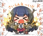  &gt;o&lt; 1girl agano_(kantai_collection) asimo953 asymmetrical_legwear bangs belt black_hair blush breasts cannon chibi commentary_request eyebrows_visible_through_hair firing flight_deck garter_straps gloves hair_between_eyes holding kantai_collection long_hair machinery miniskirt necktie open_mouth pleated_skirt red_skirt rigging sailor_collar school_uniform serafuku simple_background single_thighhigh skirt sleeveless smile solo standing thigh-highs turret very_long_hair white_background white_gloves 
