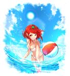  1girl absurdres bangs beach beachball bikini breasts cute earrings fingerless_gloves gem gloves headpiece highres pyra_(xenoblade) jewelry large_breasts monolith_soft nintendo ocean poteto_(potetosarada123) red_eyes redhead short_hair sky solo swept_bangs swimsuit tiara water xenoblade_(series) xenoblade_2 