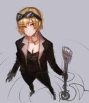  1girl black_legwear black_shirt black_suit blonde_hair breasts cleavage closed_mouth eyebrows_visible_through_hair formal goggles goggles_on_head grey_background hair_between_eyes highres holding holding_microphone_stand jewelry microphone microphone_stand mr._skull necklace original perspective shirt short_hair simple_background sketch solo standing suit violet_eyes 