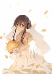  1girl absurdres alternate_hairstyle bouquet bridal_veil bride brown_eyes brown_hair daidai_kiki dress elbow_gloves flower girls_frontline gloves highres huge_filesize jewelry necklace petals ring scar scar_across_eye solo strapless strapless_dress ump45_(girls_frontline) veil wedding_dress wedding_ring white_dress 