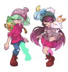  2girls aori_(splatoon) backpack bag beanie cardigan closed_eyes commentary cosplay creatures_(company) earrings female_protagonist_(pokemon_swsh) female_protagonist_(pokemon_swsh)_(cosplay) game_freak gen_8_pokemon green_hair green_hat grookey hat hotaru_(splatoon) humanization jewelry long_hair long_sleeves male_protagonist_(pokemon_swsh) male_protagonist_(pokemon_swsh)_(cosplay) multiple_girls nintendo open_mouth pokemon pokemon_(creature) pokemon_(game) pokemon_swsh purple_hair red_shirt scorbunny shirt short_hair simple_background smile sobble splatoon_(series) tam_o&#039;_shanter wong_ying_chee yellow_eyes 