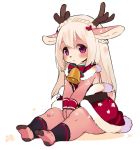  1girl antlers barefoot bell belt between_legs blonde_hair dress fur_trim furry hand_between_legs kishibe long_hair original red_dress reindeer_antlers santa_dress sitting solo violet_eyes wristband 