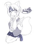  animal_ear_fluff animal_ears bare_legs chaakusu commentary_request ear_piercing earrings fennery_(show_by_rock!!) finger_gun fox_ears fox_tail highres hood hood_down hoodie jewelry kneeling long_sleeves monochrome multicolored_hair open_clothes open_hoodie parted_lips piercing pleated_skirt shirt show_by_rock!! simple_background sketch skirt streaked_hair tail 