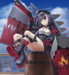  1girl ark_john_up armband azur_lane bangs barrel black_hair black_skirt blue_sky boots clouds collar commentary dated deutschland_(azur_lane) english_commentary eyebrows_visible_through_hair goggles goggles_on_headwear gun hat high_heel_boots high_heels holding holding_gun holding_weapon iron_cross knee_boots long_hair long_sleeves looking_at_viewer mechanical_hands military_hat multicolored_hair ocean platform_boots railing rigging sharp_teeth signature sitting sitting_on_object skirt sky smile solo streaked_hair teeth thigh_strap very_long_hair weapon 