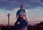  1girl :d black_coat blue_hair casual closed_eyes day hatsune_miku head_tilt highres holding hua_ben_wuming long_hair long_sleeves open_mouth outdoors red_scarf scarf smile solo standing twintails upper_body vocaloid 