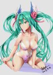  1girl 2017 aduo between_legs blue_wings breasts cleavage collarbone floating_hair flower green_eyes green_hair grey_background hair_between_eyes hair_flower hair_ornament hair_ribbon hand_between_legs hatsune_miku head_wings highres kneeling large_breasts leotard long_hair parted_lips red_flower red_ribbon revealing_clothes ribbon shiny shiny_hair shiny_skin signature simple_background sketch solo twintails very_long_hair vocaloid white_leotard wings 