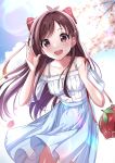  1girl :d bag bangs bare_shoulders blue_skirt blue_sky blurry blurry_background blush bow breasts brown_hair clouds commentary_request day depth_of_field dress_shirt eyebrows_visible_through_hair fingernails hair_bow hair_ornament hairclip hands_up highres idolmaster idolmaster_cinderella_girls idolmaster_cinderella_girls_starlight_stage leaning_forward long_hair off-shoulder_shirt off_shoulder open_mouth outdoors petals plaid plaid_bow puffy_short_sleeves puffy_sleeves red_bow round_teeth shirt short_sleeves shoulder_bag skirt sky small_breasts smile solo striped sutoroa teeth tsujino_akari upper_teeth vertical-striped_skirt vertical_stripes very_long_hair violet_eyes white_shirt 