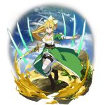  1girl blonde_hair boots bracelet braid breasts brown_footwear cape choker cleavage collarbone corset floating_hair full_body green_cape green_eyes hair_between_eyes hair_ornament high_ponytail highres holding holding_sword holding_weapon jewelry large_breasts leafa long_hair long_sleeves looking_at_viewer official_art outstretched_arm shiny shiny_hair shorts smile solo sword sword_art_online thigh-highs transparent_background twin_braids very_long_hair waist_cape weapon white_legwear white_shorts white_sleeves 