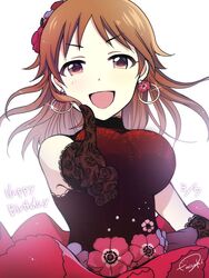  1girl bare_shoulders black_gloves breasts brown_eyes brown_hair dated dress earrings floral_print flower gloves hair_flower hair_ornament happy_birthday idolmaster idolmaster_cinderella_girls jewelry katagiri_sanae large_breasts pointing pointing_at_viewer sako_misaki signature 