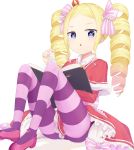  1girl beatrice_(re:zero) blonde_hair blue_eyes blush book bow capelet chestnut_mouth crown dress drill_hair hair_ribbon highres knees_up long_hair long_sleeves looking_at_viewer mapi_(mapi_9) mini_crown open_book pantyhose pink_bow pink_footwear purple_legwear re:zero_kara_hajimeru_isekai_seikatsu red_capelet red_dress ribbon simple_background sitting solo striped striped_legwear symbol-shaped_pupils twin_drills twintails 