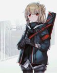  1girl attache_case bag black_gloves black_legwear blonde_hair blue_hairband character_name commentary english_commentary expressionless flower girls_frontline gloves hair_ribbon hairband highres kky pantyhose parka red_eyes ribbon short_ponytail shorts solo sv-98_(girls_frontline) 