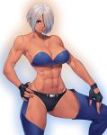  1girl abs angel_(kof) black_panties blue_bra blue_eyes bra breasts chaps cleavage dark_skin feet_out_of_frame fingerless_gloves gloves hair_over_one_eye highres large_breasts leather midriff muscle muscular_female navel ogami panties silver_hair snk solo strapless strapless_bra the_king_of_fighters toned underwear white_hair 
