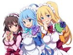  3girls :d alternate_costume apron aqua_(konosuba) bangs blonde_hair blue_eyes blue_hair blue_neckwear blush bow bowtie box breasts brown_hair closed_mouth commentary_request darkness_(konosuba) dress enmaided eyebrows_visible_through_hair eyepatch eyepatch_removed frills gift gift_box hair_rings hand_up hands_up heart-shaped_box holding holding_gift kono_subarashii_sekai_ni_shukufuku_wo! large_breasts long_hair long_sleeves looking_at_viewer maid maid_apron maid_headdress megumin multiple_girls nervous_smile odawara_hakone open_mouth ponytail puffy_sleeves red_eyes red_neckwear ribbon short_hair_with_long_locks simple_background smile sweatdrop upper_body valentine very_long_hair waist_apron white_background wrist_cuffs 