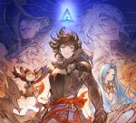  ahoge armor beelzebub_(granblue_fantasy) blue_eyes blue_hair brown_hair choker dragon dress granblue_fantasy hood hood_up long_hair lucilius_(granblue_fantasy) lyria_(granblue_fantasy) official_art sandalphon_(granblue_fantasy) sleeveless sleeveless_dress smile vee_(granblue_fantasy) very_long_hair white_dress white_hair 