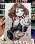  1girl bangs bodysuit boku_no_hero_academia brown_eyes brown_hair dated from_side hand_up heart highres looking_at_viewer medium_hair photo pink_outline signature smile solo stanley_lau swept_bangs traditional_media upper_body uraraka_ochako white_background 