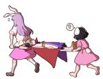  3girls animal_ears barefoot black_hair blonde_hair bunny_tail carrying commentary_request dress earmuffs faceless flying_sweatdrops inaba_tewi kneehighs long_hair lying mefomefo multiple_girls on_back pink_dress pink_skirt pointy_hair puffy_short_sleeves puffy_sleeves purple_hair purple_skirt rabbit_ears reisen_udongein_inaba sandals scribble shoes short_hair short_sleeves simple_background skirt sleeveless spanish_commentary speech_bubble stretcher tail touhou toyosatomimi_no_miko white_background 