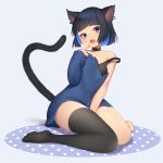  1girl animal_ears arm_between_legs bangs bare_shoulders black_choker black_hair black_legwear black_tank_top blue_eyes blue_hair blue_shirt blunt_bangs cat_ears cat_girl cat_tail choker commentary_request ear_piercing earrings fang finger_to_mouth flat_chest highres jewelry multicolored_hair off-shoulder_shirt off_shoulder open_mouth original piercing shirt short_hair single_sleeve single_thighhigh sitting sleeves_past_wrists smile solo strap_slip tail thigh-highs thighs torn_clothes torn_shirt two-tone_hair wariza yoridoriyk 