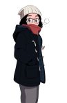  1girl 49s-aragon beanie black_hair black_jacket covered_mouth glasses grey_eyes grey_pants hand_in_pocket hat hood hooded_jacket jacket looking_at_viewer original pants simple_background solo white_background white_hat 