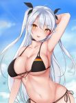  1girl :3 :p ahoge arm_behind_head arm_up armpits azur_lane bangs bare_arms bare_shoulders bikini black_bikini black_choker black_ribbon blue_sky blush breasts choker cleavage clouds collarbone day eyebrows_visible_through_hair flag_print german_flag_bikini hair_ribbon head_tilt large_breasts multicolored_hair navel outdoors prinz_eugen_(azur_lane) prinz_eugen_(unfading_smile)_(azur_lane) redhead ribbon side-tie_bikini silver_hair skindentation sky smile solo stomach streaked_hair swept_bangs swimsuit tianping_hu tongue tongue_out two_side_up upper_body yellow_eyes 