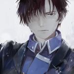  1boy 49_(23897494) absurdres amestris_military_uniform black_coat black_eyes black_hair close-up coat expressionless face fullmetal_alchemist gradient gradient_background grey_background hair_over_one_eye highres looking_at_viewer male_focus military military_uniform rain roy_mustang serious short_hair signature simple_background uniform upper_body wet wet_clothes wet_hair white_background 
