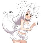  1girl :d afterimage animal_ears bangs bare_arms bare_shoulders blush breasts camisole cleavage commentary_request eyebrows_visible_through_hair flying_sweatdrops fox_ears fox_girl fox_tail frilled_skirt frills hair_ribbon long_hair looking_at_viewer low-tied_long_hair medium_breasts midriff navel nose_blush open_mouth original ribbon sharp_teeth short_eyebrows simple_background skirt smile solo tail tail_raised tail_wagging teeth thick_eyebrows translated u-non_(annon&#039;an) very_long_hair white_background white_camisole white_hair white_ribbon white_skirt yellow_eyes 