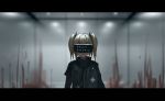  1girl black_jacket blonde_hair blood blurry blurry_background closed_mouth depth_of_field english_text facing_viewer fang fang_out hair_ornament indoors jacket letterboxed long_sleeves original short_over_long_sleeves short_sleeves sidelocks smile solo twintails upper_body yurichtofen 