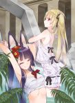  2girls animal_ears black_hair blonde_hair breasts closed_eyes flower hair_flower hair_ornament long_hair mashita_(kuzsat) multiple_girls original red_eyes ruins smile stretch twintails wading water 