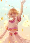  1girl :d antenna_hair arm_up artist_name blonde_hair blush card_captor_sakura closed_eyes highres kinomoto_sakura midriff navel open_mouth sakuramoti0511 shirt short_hair short_sleeves skirt smile solo standing stomach white_shirt white_skirt 