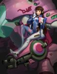  1girl absurdres bangs bodysuit breasts brown_eyes brown_hair d.va_(overwatch) facial_mark gloves headgear highres holding jacket jacket_on_shoulders long_hair mecha overwatch phone ping_(caoyanping198793) red_lips sitting smile solo taking_picture tight white_gloves 