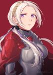  1girl absurdres armor breastplate cape commentary_request edelgard_von_hresvelg fire_emblem fire_emblem:_three_houses fire_emblem_warriors:_three_hopes forehead hairband highres long_hair looking_at_viewer parted_lips pauldrons peach11_01 red_background red_cape shoulder_armor silver_hair simple_background solo upper_body violet_eyes 