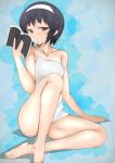  1girl arm_support bangs bare_shoulders black_hair blue_background blush bowl brown_eyes collarbone commentary girls_und_panzer hairband half-closed_eyes head_tilt holding holding_bowl legs light_frown looking_at_viewer ngc20701 one-piece_swimsuit parted_lips reizei_mako shadow short_hair sitting solo strap_slip swimsuit white_hairband white_swimsuit 