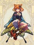  1girl black_cape breasts brown_hair butterfly_hair_ornament butterfly_wings cape cleavage clutch2130 dairoku_youhei double_bun full_body gradient_legwear hair_ornament high_heels jewelry kneehighs looking_at_viewer medium_hair necklace red_footwear shorts small_breasts smile solo wings 