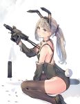  1girl animal_ears blonde_hair blue_eyes bunny_tail bunnysuit commentary_request daito detached_sleeves dog_tags fake_animal_ears gloves gun highres holding holding_weapon magazine_(weapon) original partly_fingerless_gloves ponytail rabbit_ears shell_casing sitting smoke solo submachine_gun tail thigh-highs trigger_discipline wariza weapon 