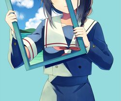  1girl aqua_background black_hair black_serafuku blue_sky braid clouds cowboy_shot hair_over_shoulder head_out_of_frame kantai_collection long_sleeves looking_at_viewer mountain neckerchief picture_frame red_neckwear school_uniform serafuku shigure_(kantai_collection) simple_background single_braid sky solo split_theme water yukichi_(eikichi) 