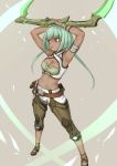  1girl belt dark_skin emerald_sustrai green_hair gun pants red_eyes rwby short_hair_with_long_locks solo weapon 