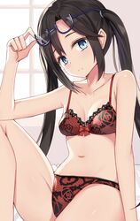  1girl bangs bare_shoulders black_hair blue-framed_eyewear blue_eyes blush bra breasts closed_mouth collarbone commentary_request eyebrows_visible_through_hair floral_print glasses hair_between_eyes hair_ribbon holding holding_eyewear idolmaster idolmaster_shiny_colors indoors kanikou lace lace-trimmed_bra lace-trimmed_panties lingerie long_hair looking_at_viewer mitsumine_yuika navel panties ribbon semi-rimless_eyewear sitting small_breasts solo twintails underwear underwear_only window 