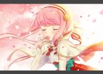  1girl 566zzz artist_name closed_eyes closed_mouth elbow_gloves fingerless_gloves fire_emblem fire_emblem_if flower gloves hairband holding holding_flower japanese_clothes nintendo petals pink_hair sakura_(fire_emblem_if) short_hair solo upper_body white_gloves 