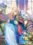  1girl bangs blonde_hair copyright_name couch dress flower green_eyes hair_ornament interitio long_hair looking_at_viewer official_art open_mouth original sitting smile solo 