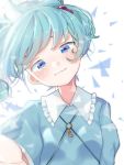  1girl bangs blue_eyes blue_shirt blush closed_mouth collared_shirt commentary_request crying crying_with_eyes_open eringi_(rmrafrn) eyebrows_behind_hair frilled_shirt_collar frills green_hair hair_bobbles hair_ornament kawashiro_nitori key looking_at_viewer shirt smile solo tears touhou twintails 