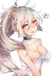  1girl :d bangs bare_shoulders blue_choker blush breasts brown_eyes brown_hair choker cleavage collarbone commentary dress earrings eyebrows_visible_through_hair fang flower girls_frontline hair_between_eyes hair_flower hair_ornament heart highres jewelry long_hair looking_at_viewer medium_breasts meow_nyang nose_blush open_mouth orange_flower pkp_(girls_frontline) ponytail simple_background smile solo spoken_heart strapless strapless_dress sweat upper_body very_long_hair white_background white_dress 