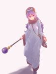  1girl breasts commentary_request curly_hair dragon_quest dragon_quest_ii dress hat highres hood hood_up long_hair long_sleeves open_mouth princess princess_of_moonbrook purple_hair robe simple_background solo staff tamago_tomato violet_eyes weapon white_background white_robe 