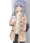 1girl absurdres alternate_costume bag black_pants blue_eyes blue_hair blush brown_coat cellphone coat commentary_request cowboy_shot dokuganryuu earrings gotland_(kantai_collection) hair_bun hand_in_pocket highres hoop_earrings iphone jewelry kantai_collection long_hair looking_at_viewer mole mole_under_eye open_mouth pants phone smartphone smile solo 