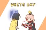  2girls black_hair chinese_commentary chocolate chocolate_statue closed_eyes commentary_request dinergate_(girls_frontline) english_text gift girls_frontline m4_sopmod_ii_(girls_frontline) mod3_(girls_frontline) multiple_girls pink_hair plug_(feng-yushu) ro635_(dinergate) ro635_(girls_frontline) white_day 