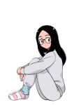 1girl 49s-aragon black_hair brown_eyes expressionless from_above full_body glasses grey_pants grey_shirt knees_up long_hair long_sleeves looking_at_viewer original pants shirt simple_background sitting socks solo white_background 