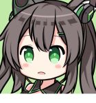  1girl :d animal_ear_fluff animal_ears bangs bare_shoulders black_collar blush brown_hair chigusa_hana chigusa_hana_channel collar commentary_request detached_collar eyebrows_visible_through_hair fangs green_background green_eyes hair_between_eyes hair_ornament hairclip headgear long_hair looking_at_viewer nagato-chan open_mouth portrait simple_background smile solo virtual_youtuber 