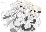  2girls :d alternate_costume apron azur_lane bangs blush breasts cleavage closed_mouth collared_dress detached_sleeves dress enmaided eyebrows_visible_through_hair frilled_apron frills greyscale hair_between_eyes hair_bun hair_ribbon hand_on_own_chest hand_up hat illustrious_(azur_lane) juliet_sleeves large_breasts long_hair long_sleeves maid monochrome multiple_girls object_hug one_side_up open_mouth panties puffy_sleeves purinko ribbon side-tie_panties side_bun simple_background sleeveless sleeveless_dress small_breasts smile sparkle stuffed_alicorn stuffed_animal stuffed_toy sun_hat thigh-highs underwear unicorn_(azur_lane) very_long_hair waist_apron white_background 
